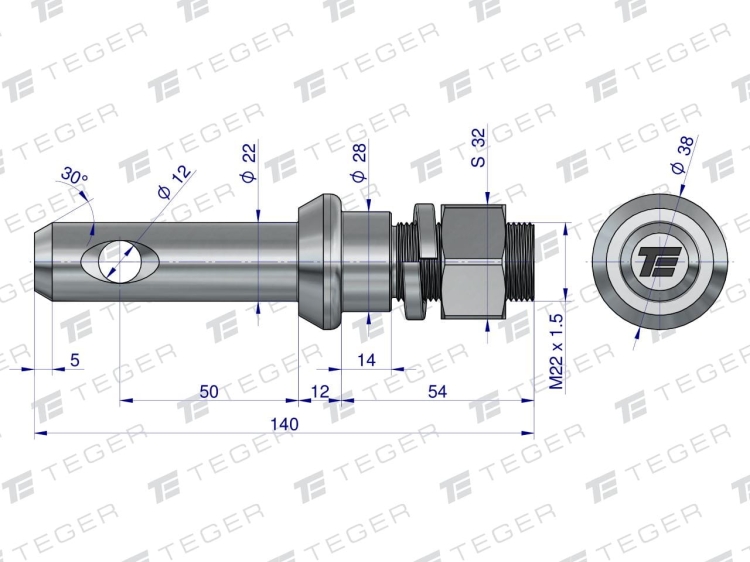 Sworzeń z gwintem T-SG22502240140.1 fi 22/50 mm M22x1.5/40 mm 140 mm TEGER 3