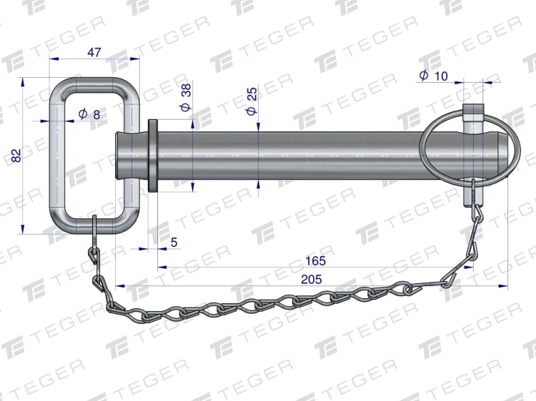 Sworzeń zaczepu z zawleczką i łańcuchem 25x165x205 TEGER 3