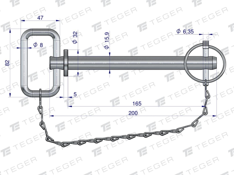 Sworzeń zaczepu z zawleczką i łańcuchem 15.9x165x200 TEGER 3
