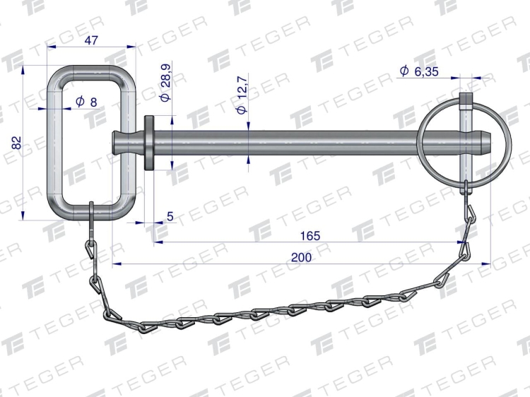 Sworzeń zaczepu z zawleczką i łańcuchem 12.7x165x200 TEGER 3