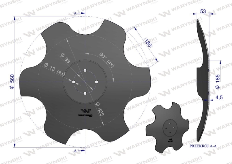 Talerz skrajny prawy fi 560 mocowanie 4/98 grubość 4,5 mm stal borowa Waryński  2