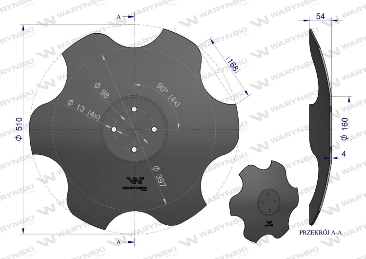 Talerz skrajny prawy fi 510 mocowanie 4/98 grubość 4 mm stal borowa Waryński 2