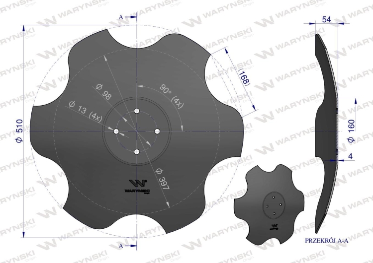 Talerz skrajny lewy fi 510 mocowanie 4/98 grubość 4 mm stal borowa Waryński 2