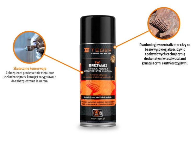 Odrdzewiacz gruntujący z podkładem - neutralizator rdzy do stali i żeliwa 2w1 400ml Teger 2