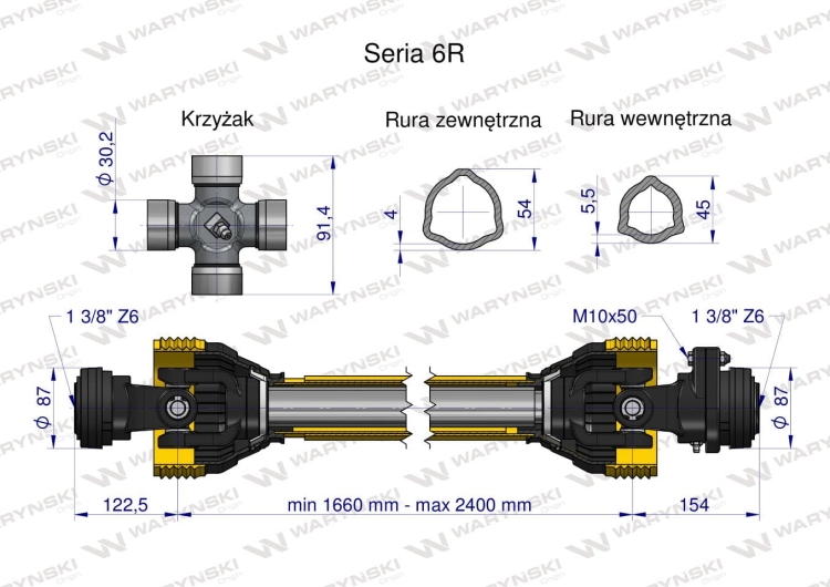 Wał przegubowo-teleskopowy 1660-2400mm 830Nm sprzęgło z kołkiem 2500Nm CE 2020 seria 6R Waryński 3