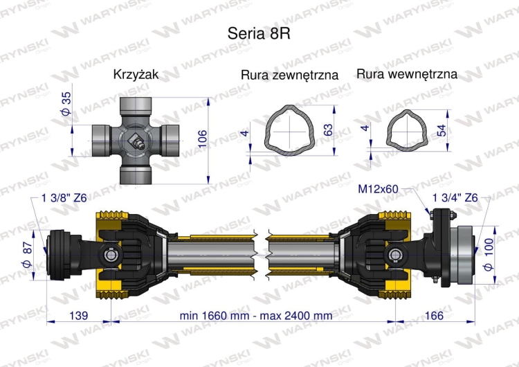 Wał przegubowo-teleskopowy 1660-2400mm 1240Nm sprzęgło z kołkiem 3000Nm Z6 - 1 3/4 CE 2020 seria 8R Waryński 3