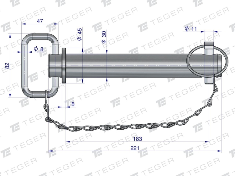 Sworzeń zaczepu z zawleczką i łańcuchem 30x183x221 TEGER 3