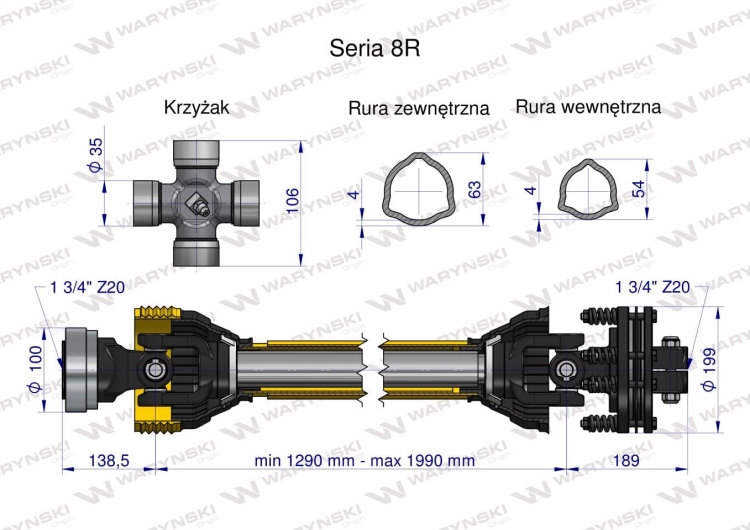 Wał przegubowo-teleskopowy 1290-1990mm 1240Nm Z20 - 1 3/4 z drugiej strony sprzęgło cierne 2500Nm Z20 - 1 3/4 CE 2020 seria 8R Waryński 3