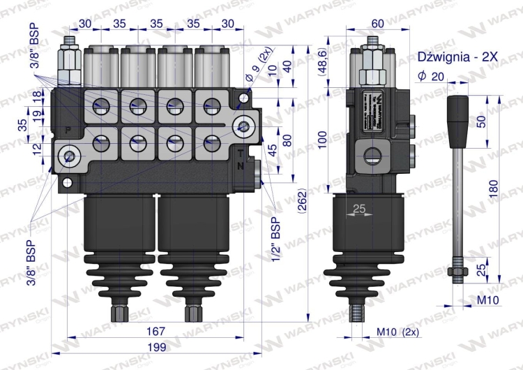 Rozdzielacz hydrauliczny 4-sekcyjny max przepływ 40L (2 sekcje x 1 dźwignia + 2 sekcje x 1 dźwignia) Waryński 3