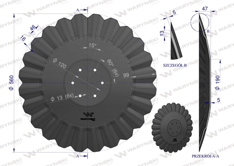 Talerz tłoczony fi 560 mocowanie 6/120 grubość 5 mm stal borowa Waryński 2