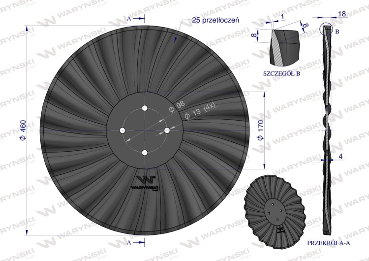 Talerz prosty falowany drobna fala 460 mocowanie 4/98 grubość 4 mm stal borowa Waryński 2
