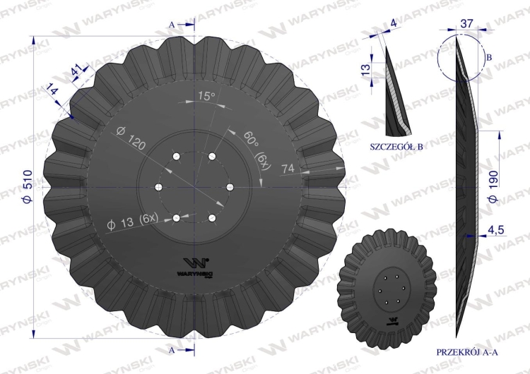 Talerz tłoczony fi 510 mocowanie 6/120 grubość 4,5 mm stal borowa Waryński 2