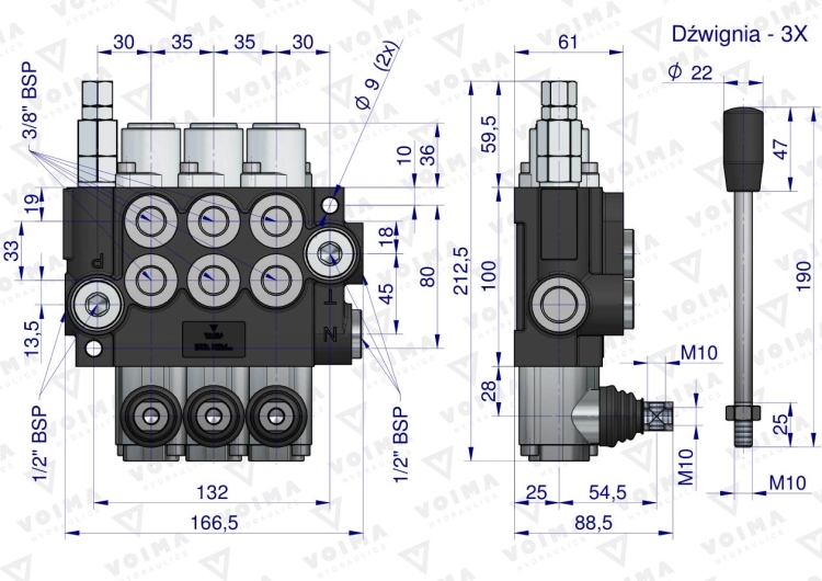 Rozdzielacz hydrauliczny 3-sekcyjny 40L VOIMA 3