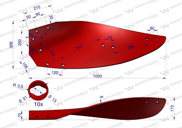 Skrzydło odkładni prawe 14-16" korpus nr.3 Kverneland 063283 stal borowa WARYŃSKI 2