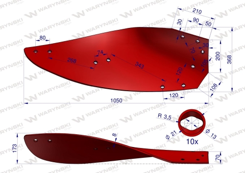 Skrzydło odkładni lewe 14-16" korpus nr.3 Kverneland 063293 stal borowa WARYŃSKI 2