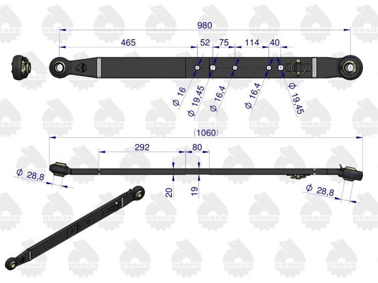 Cięgło dźwignia dolna (L-980mm) MF-255, 3512, 3514 MF3 ORYGINAŁ URSUS  4