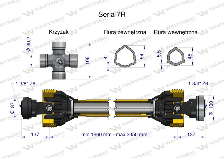 Wał przegubowo-teleskopowy 1660-2350mm 970Nm Z6 - 1 3/4 CE 2020 seria 7R Waryński 3