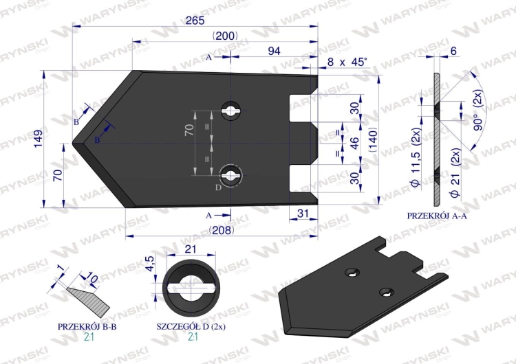 Lemiesz do Grimme 149 mm listwowy prawy szerokość wyorywania 540 Waryński 3