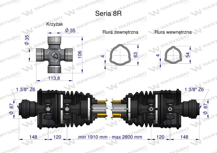 Wał przegubowo-teleskopowy 1910-2800mm 1240Nm szerokokątny z dwóch stron CE 2020 seria 8R Waryński 3