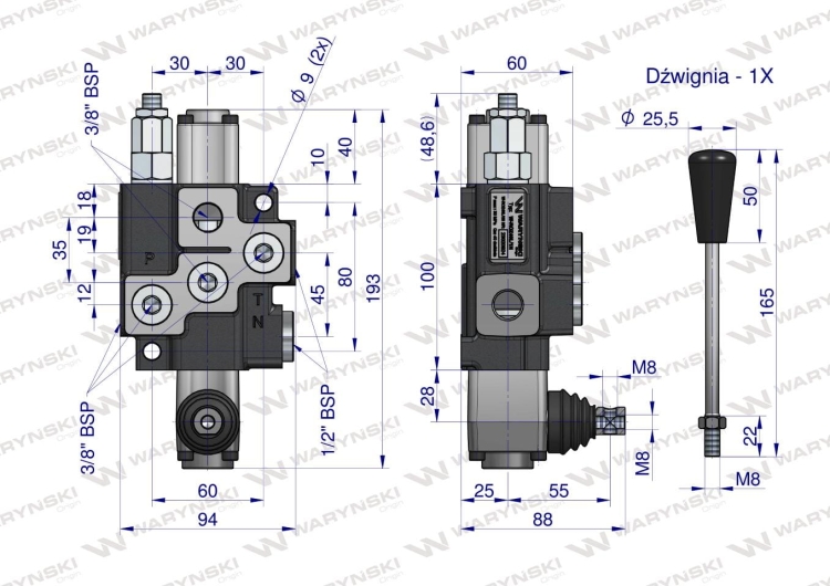 Rozdzielacz hydrauliczny 1-sekcyjny (sekcja nurnikowa) max przepływ 40L Waryński 3