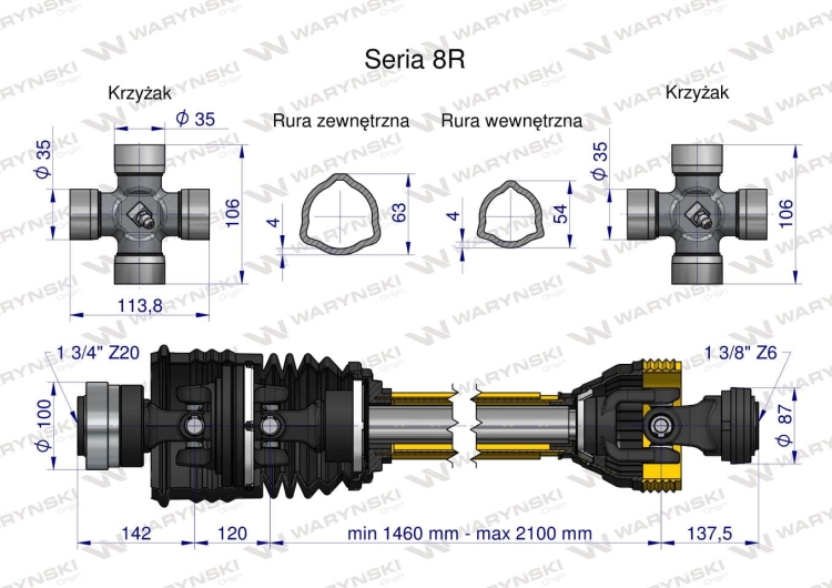 Wał przegubowo-teleskopowy 1460-2100mm 1240Nm szerokokątny Z20 - 1 3/4 CE 2020 seria 8R Waryński 3
