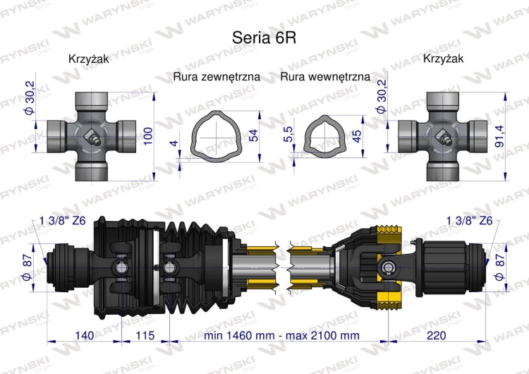 Wał przegubowo-teleskopowy 1460-2100mm 830Nm szerokokątny z drugiej strony sprzęgło zapadkowe 1500Nm CE 2020 seria 6R Waryński 2