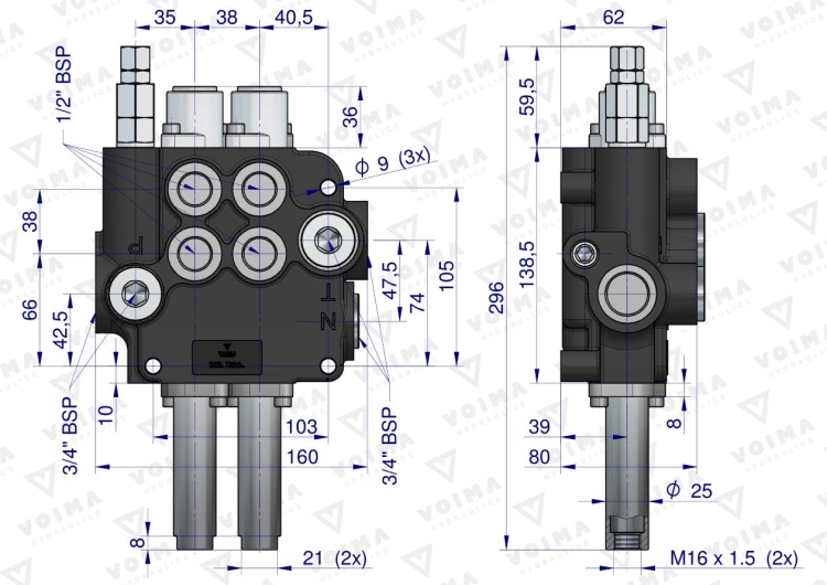 Rozdzielacz hydrauliczny 2-sekcyjny 80L sterowany joystickiem na linkę VOIMA 4