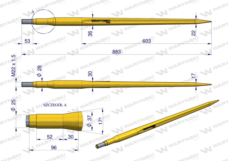 Ząb ładowacza uniwersalny prosty L- 880 mm na tuleję od zębów Z Tur WARYŃSKI 3