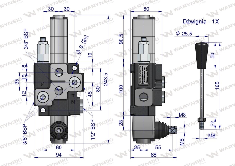 Rozdzielacz hydrauliczny 1-sekcyjny max przepływ 40L z sekcją pływającą Waryński 5