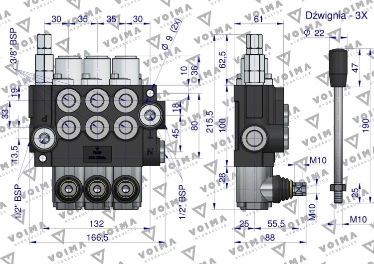 Rozdzielacz hydrauliczny 3-sekcyjny 40L z zatrzaskami VOIMA 4
