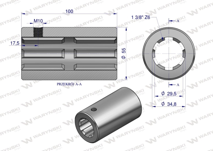 Tuleja WOM łącząca frezowana 100mm Z6 - 1 3/8 Waryński 2
