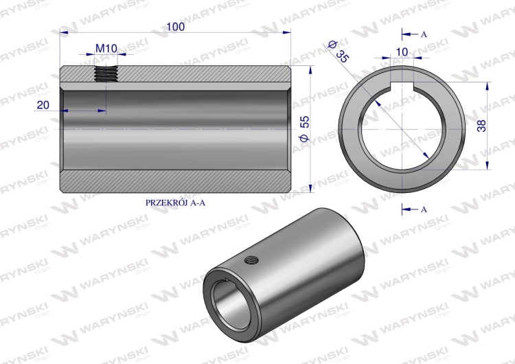 Tuleja łącząca otwór fi 35mm z rowkiem na wpust 10mm 100mm Waryński 2