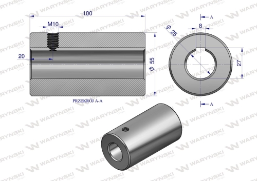 Tuleja łącząca otwór fi 25mm z rowkiem na wpust 8mm 100mm Waryński 2
