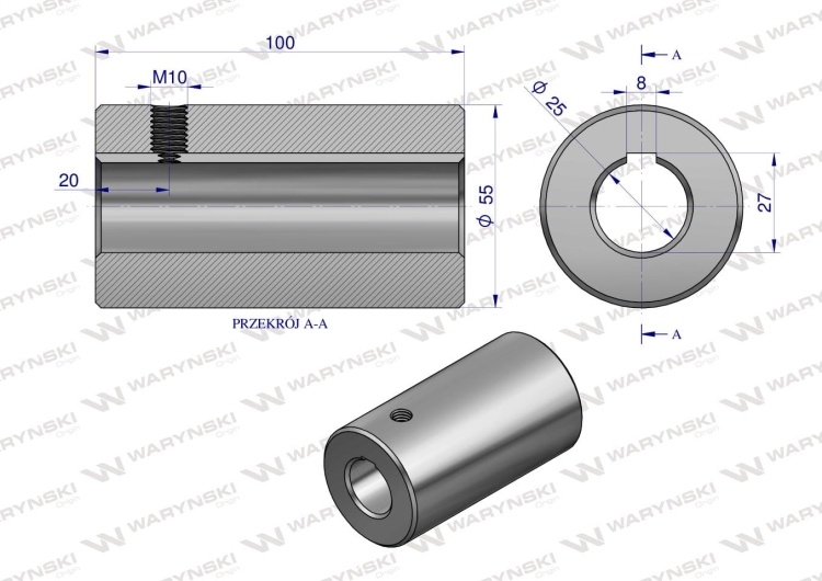 Tuleja łącząca otwór fi 25mm z rowkiem na wpust 8mm 100mm Waryński 2