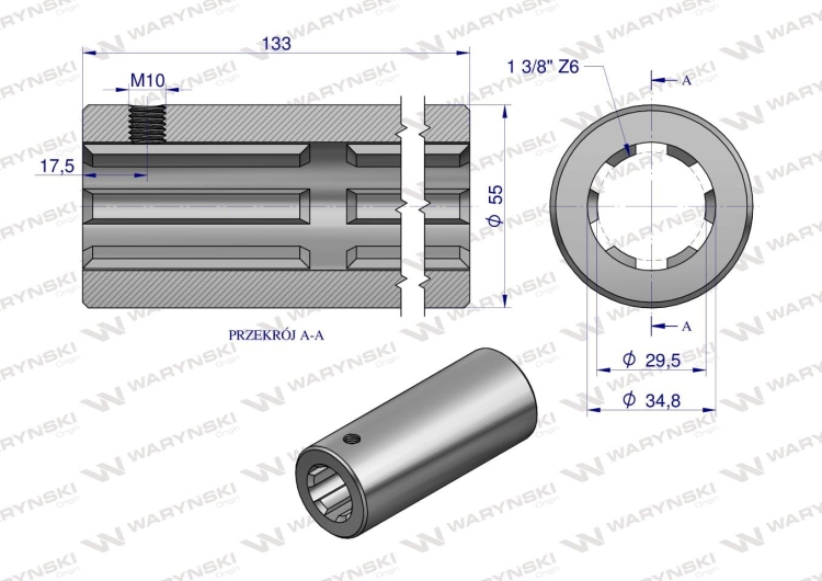 Tuleja WOM łącząca frezowana 133mm Z6 - 1 3/8 Waryński 2