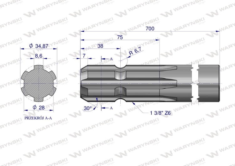 Wałek WOM frezowany jednostronnie 700mm Z6 - 1 3/8 Waryński 2