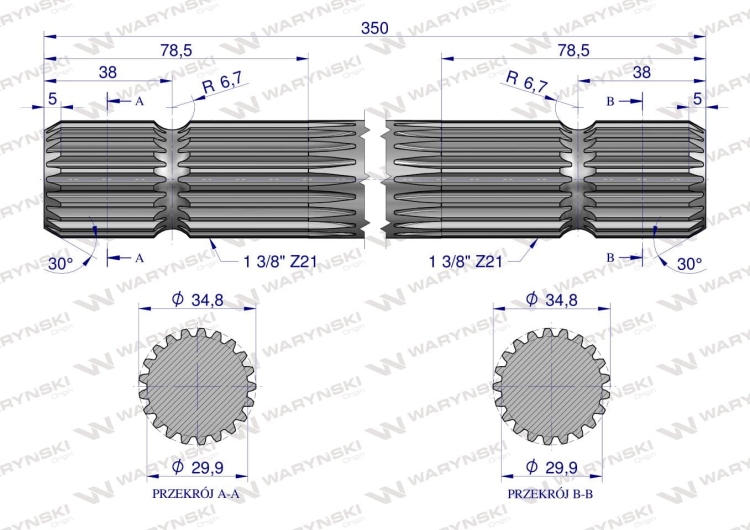 Wałek WOM frezowany dwustronnie 350mm Z21 - 1 3/8 Waryński 2