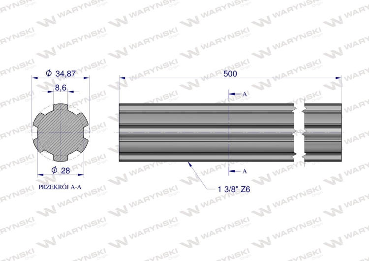 Wałek WOM frezowany całościowo 500mm Z6 - 1 3/8 Waryński 2