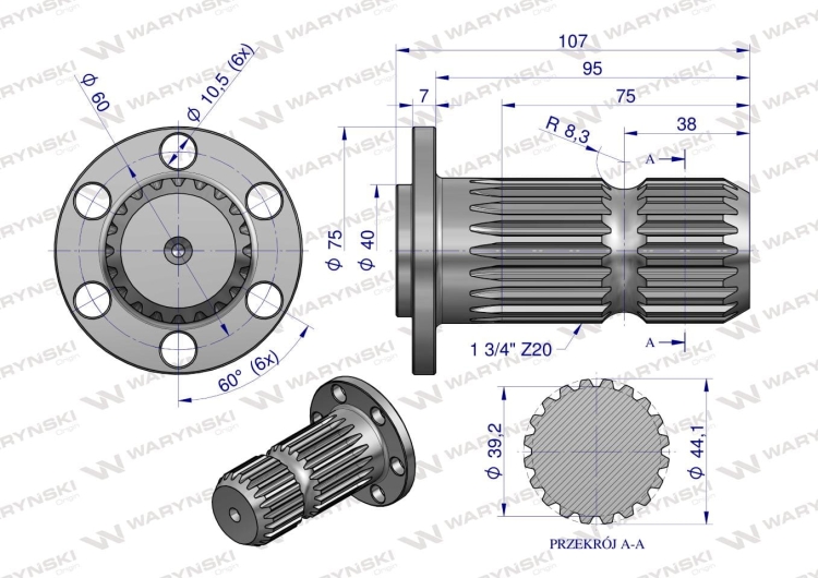 Wałek WOM z kołnierzem na 6 otworów adapter Z20 - 1 3/4 Waryński  3