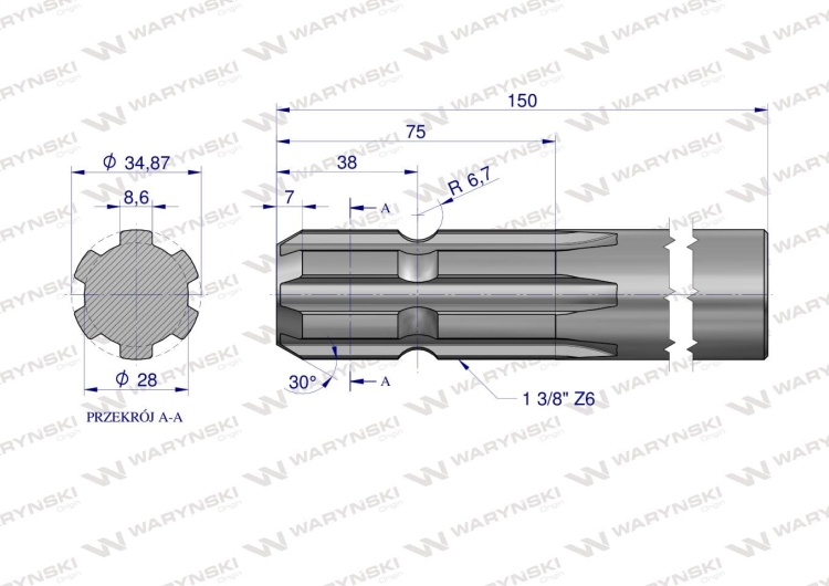 Wałek WOM frezowany jednostronnie 150mm Z6 - 1 3/8 Waryński 2