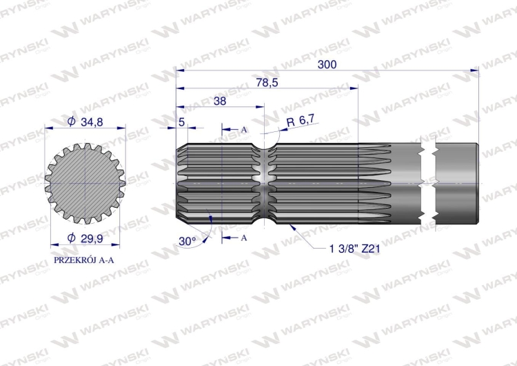 Wałek WOM frezowany jednostronnie 300mm Z21 - 1 3/8 Waryński 2