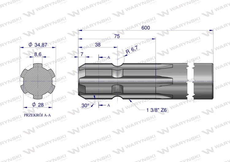 Wałek WOM frezowany jednostronnie 600mm Z6 - 1 3/8 Waryński 2