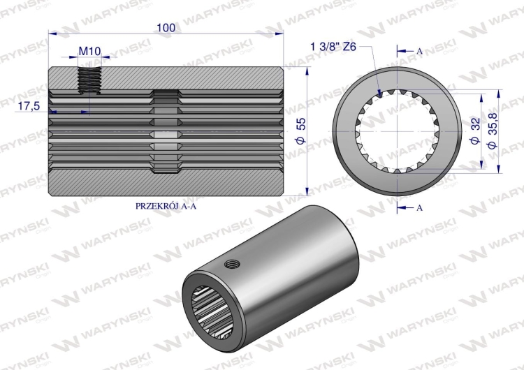 Tuleja WOM łącząca frezowana 100mm Z21 - 1 3/8 Waryński 2