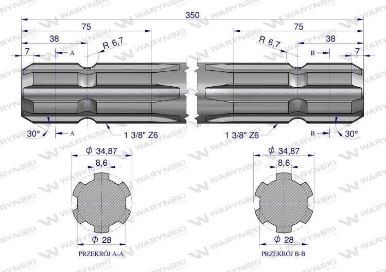 Wałek WOM frezowany dwustronnie 350mm Z6 - 1 3/8 Waryński 2