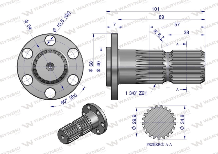 Wałek WOM z kołnierzem na 6 otworów adapter Z21 - 1 3/8 Waryński 3