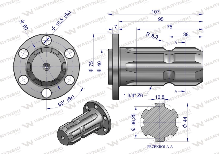 Wałek WOM z kołnierzem na 6 otworów adapter Z6 - 1 3/4 Waryński 3