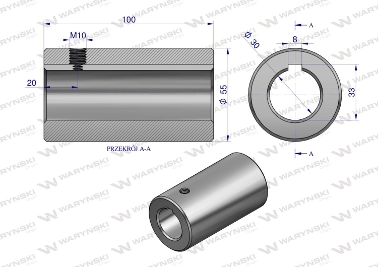 Tuleja łącząca otwór fi 30mm z rowkiem na wpust 8mm 100mm Waryński 2