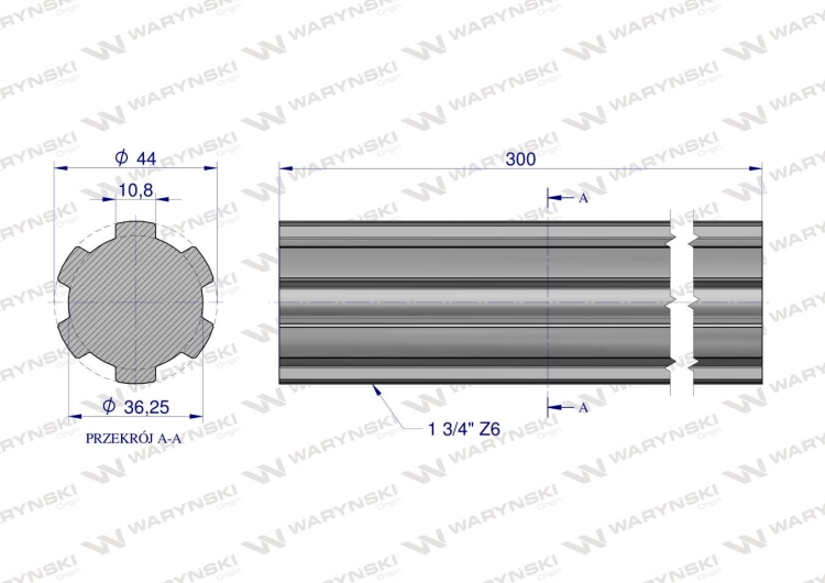 Wałek WOM frezowany całościowo 300mm Z6 - 1 3/4 Waryński  2
