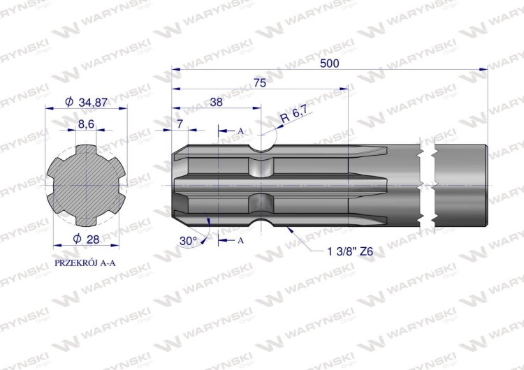 Wałek WOM frezowany jednostronnie 500mm Z6 - 1 3/8 Waryński 2