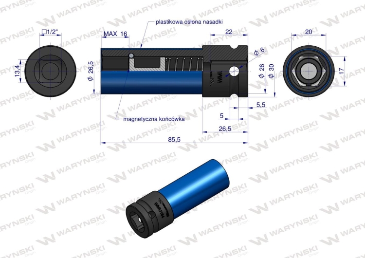 Nasadka udarowa 1/2 ze stali CrMo 17mm z magnesem i osłoną do felg aluminiowych Waryński 3